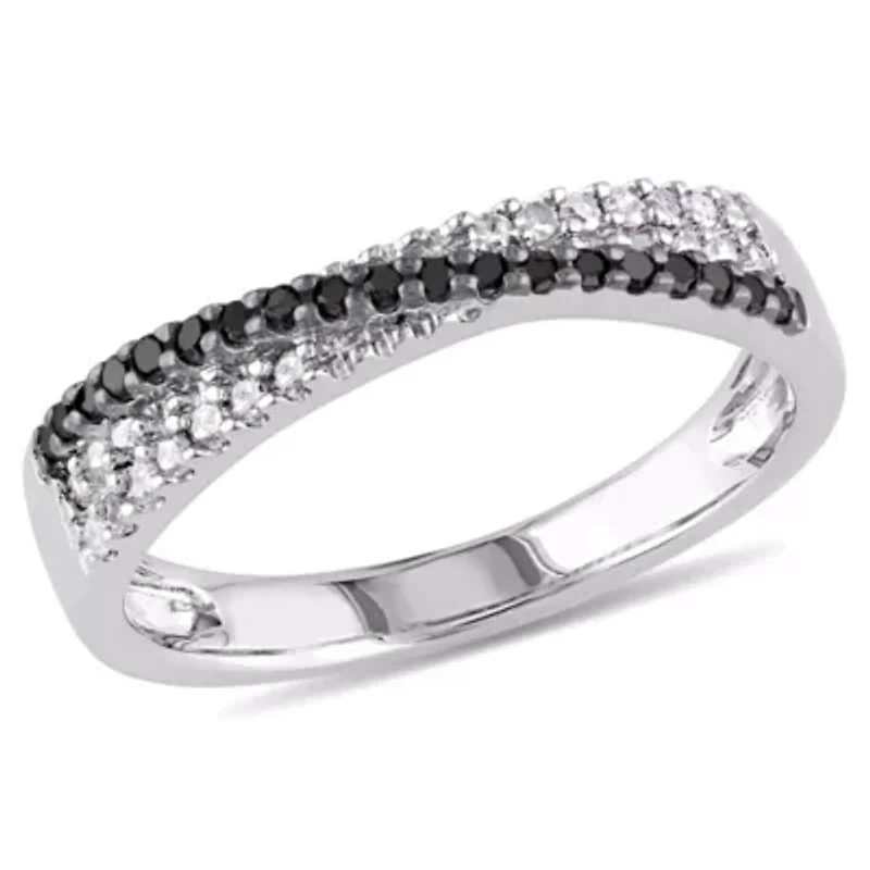 1/4 CT TW Black and White Diamond Crossover Anniversary Band Sterling Silver