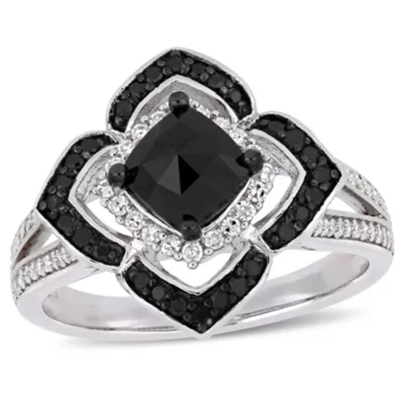 1.4 CT TW Black and White Diamond Halo Ring Sterling Silver with Rhodium Plated