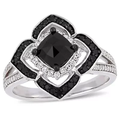 1.4 CT TW Black and White Diamond Halo Ring Sterling Silver with Rhodium Plated