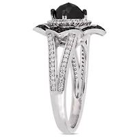 1.4 CT TW Black and White Diamond Halo Ring Sterling Silver with Rhodium Plated