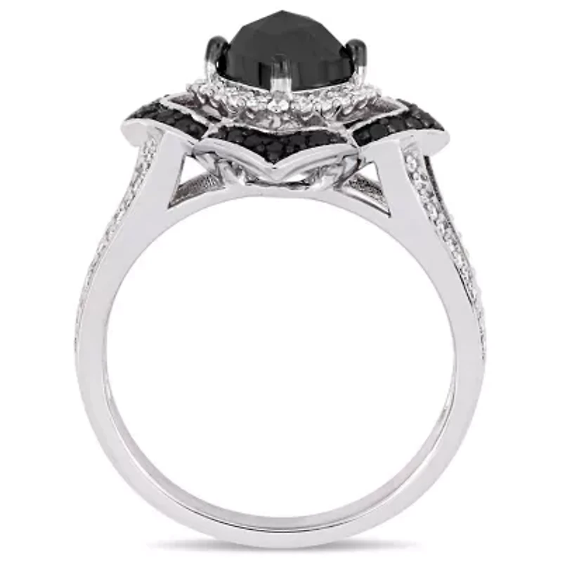 1.4 CT TW Black and White Diamond Halo Ring Sterling Silver with Rhodium Plated