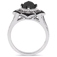 1.4 CT TW Black and White Diamond Halo Ring Sterling Silver with Rhodium Plated