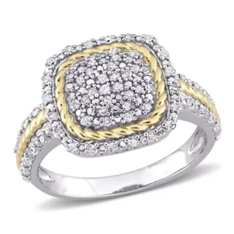 1/3 CT TW Diamond Rope Design Halo Ring 2-Tone Sterling Silver