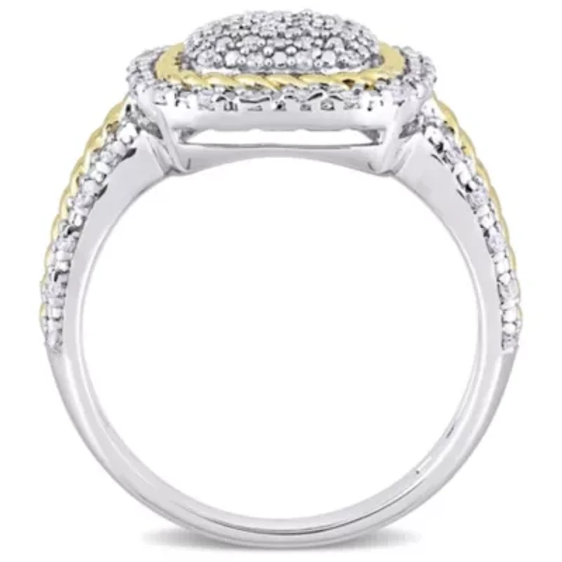 1/3 CT TW Diamond Rope Design Halo Ring 2-Tone Sterling Silver