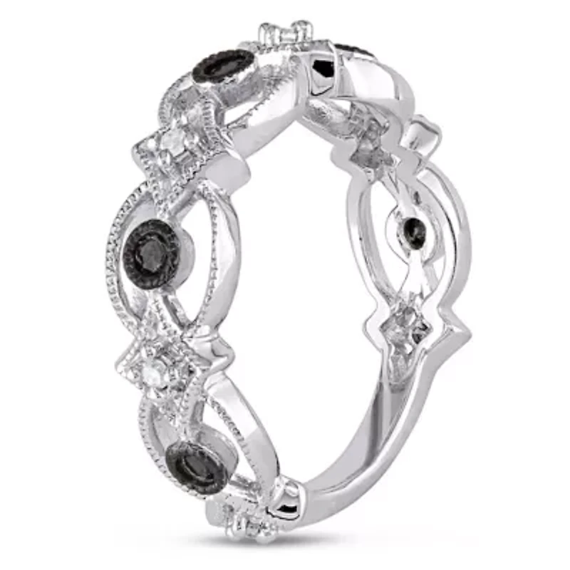 1/6 CT TW Black and White Diamond Vintage Ring Sterling Silver with Rhodium