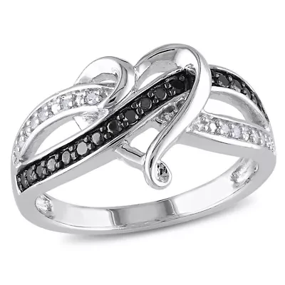 1/8 CT TW Black and White Diamond Heart Ring Sterling Silver with Rhodium