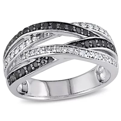 1/2 CT TW Black and White Diamond 4-Row Crossover Anniversary Band Sterling Silver