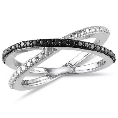 Black Diamond Accent Crisscross Ring Sterling Silver with Rhodium