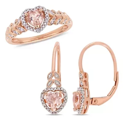 2-pc Set of Morganite and White Topaz Floral Stud Earrings Necklace Rose Plated Sterling Silver