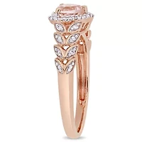 2-pc Set of Morganite and White Topaz Floral Stud Earrings Necklace Rose Plated Sterling Silver