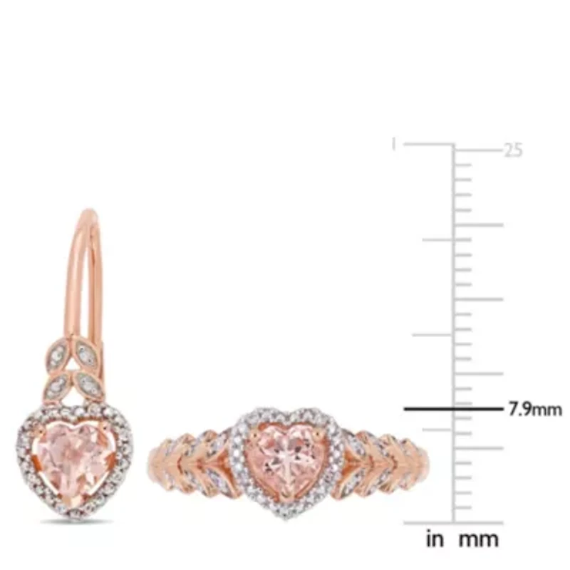 2-pc Set of Morganite and White Topaz Floral Stud Earrings Necklace Rose Plated Sterling Silver