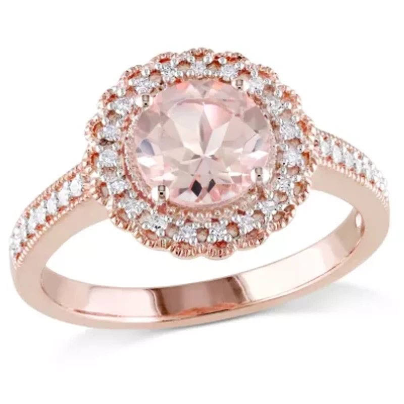 Morganite and 1/8 ct. t.w. Diamond Floral Halo Ring Rose Plated Sterling Silver