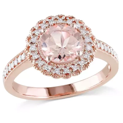 Morganite and 1/8 ct. t.w. Diamond Floral Halo Ring Rose Plated Sterling Silver