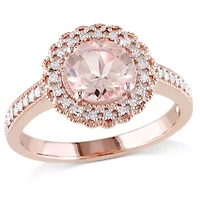 Morganite and 1/8 ct. t.w. Diamond Floral Halo Ring Rose Plated Sterling Silver