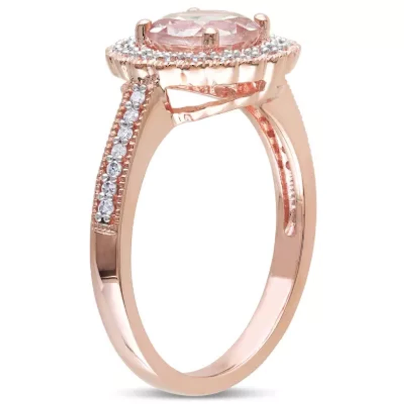 Morganite and 1/8 ct. t.w. Diamond Floral Halo Ring Rose Plated Sterling Silver