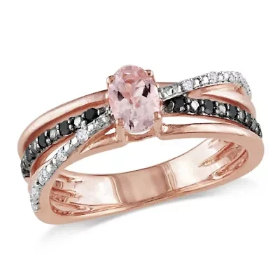 Morganite with 1/7 ct. t.w. Black and White Diamond Crisscross Ring Rose Plated Sterling Silver Rhodium