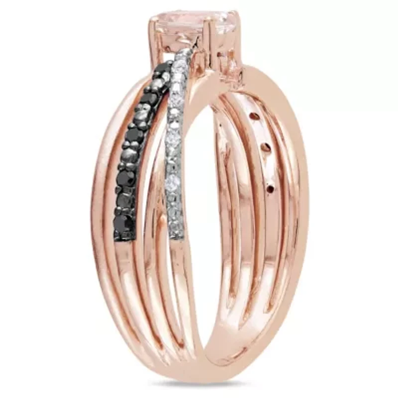 Morganite with 1/7 ct. t.w. Black and White Diamond Crisscross Ring Rose Plated Sterling Silver Rhodium