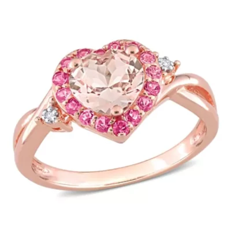 Morganite and Pink Tourmaline with Diamond Accent Halo Ring Rose Plated Sterling Silver