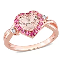 Morganite and Pink Tourmaline with Diamond Accent Halo Ring Rose Plated Sterling Silver