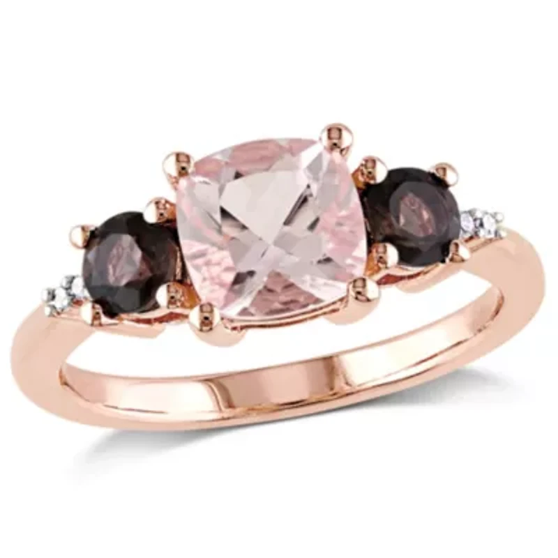 Morganite and Smokey Quartz with Diamond Accent 3-Stone Ring Rose Plated Sterling Silver