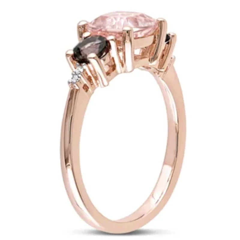 Morganite and Smokey Quartz with Diamond Accent 3-Stone Ring Rose Plated Sterling Silver