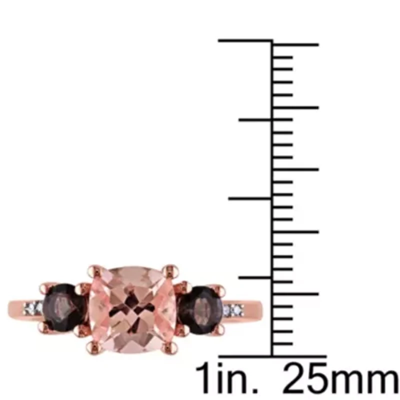 Morganite and Smokey Quartz with Diamond Accent 3-Stone Ring Rose Plated Sterling Silver