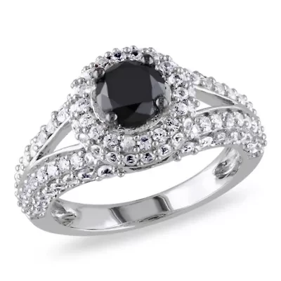 Lab Created 1 ct. t.w. Black Diamond and White Sapphire Engagement Ring Sterling Silver with Rhodium Plated
