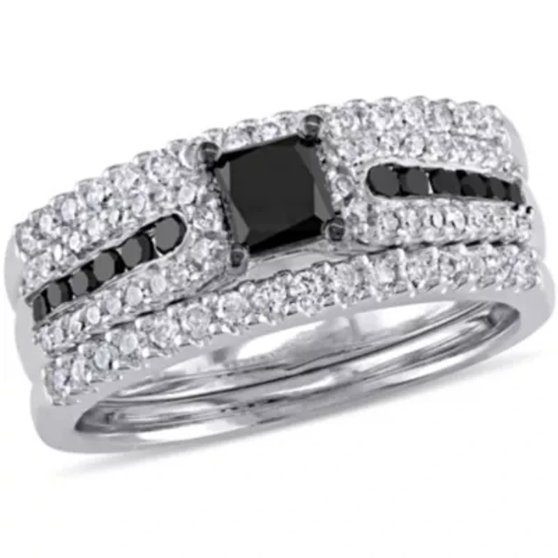 1.12 ct. t.w. Black and White Diamond Bridal Ring Set Sterling Silver with Rhodium Plated