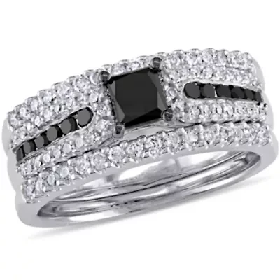 1.12 ct. t.w. Black and White Diamond Bridal Ring Set Sterling Silver with Rhodium Plated