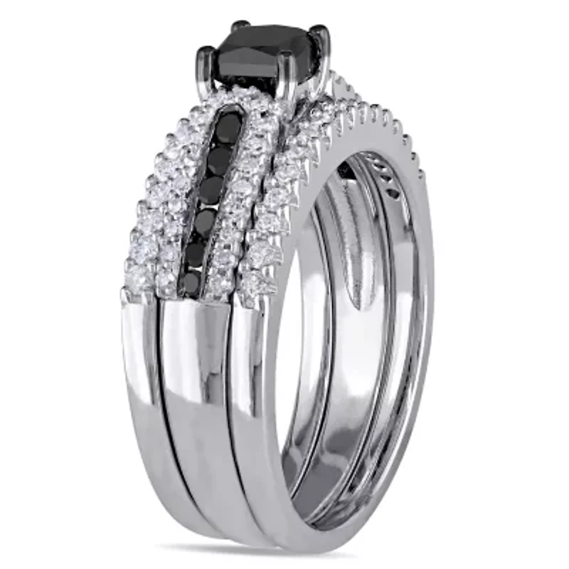 1.12 ct. t.w. Black and White Diamond Bridal Ring Set Sterling Silver with Rhodium Plated