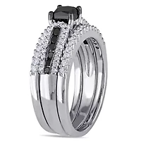 1.12 ct. t.w. Black and White Diamond Bridal Ring Set Sterling Silver with Rhodium Plated