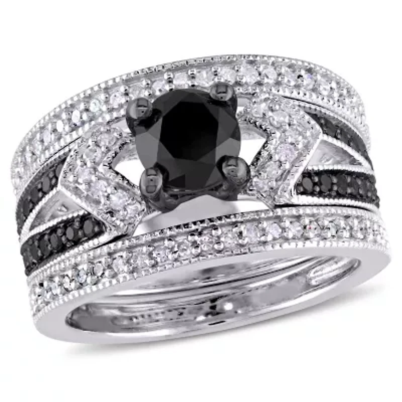 1.25 ct. t.w. Black and White Diamond Split Shank Bridal Ring Set Sterling Silver with Rhodium Plated