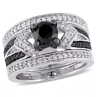 1.25 ct. t.w. Black and White Diamond Split Shank Bridal Ring Set Sterling Silver with Rhodium Plated