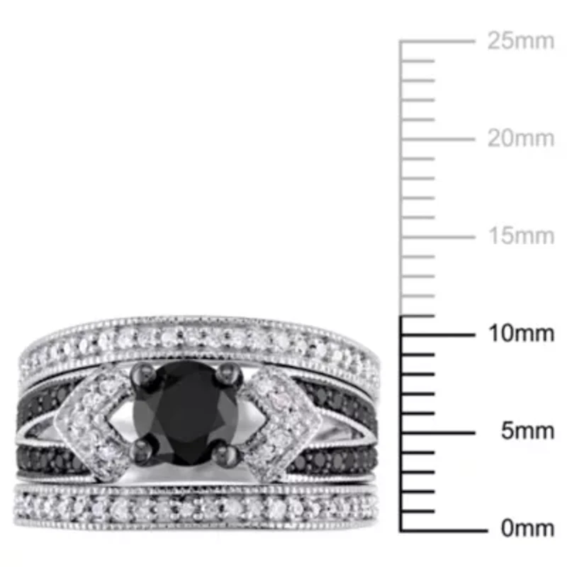 1.25 ct. t.w. Black and White Diamond Split Shank Bridal Ring Set Sterling Silver with Rhodium Plated