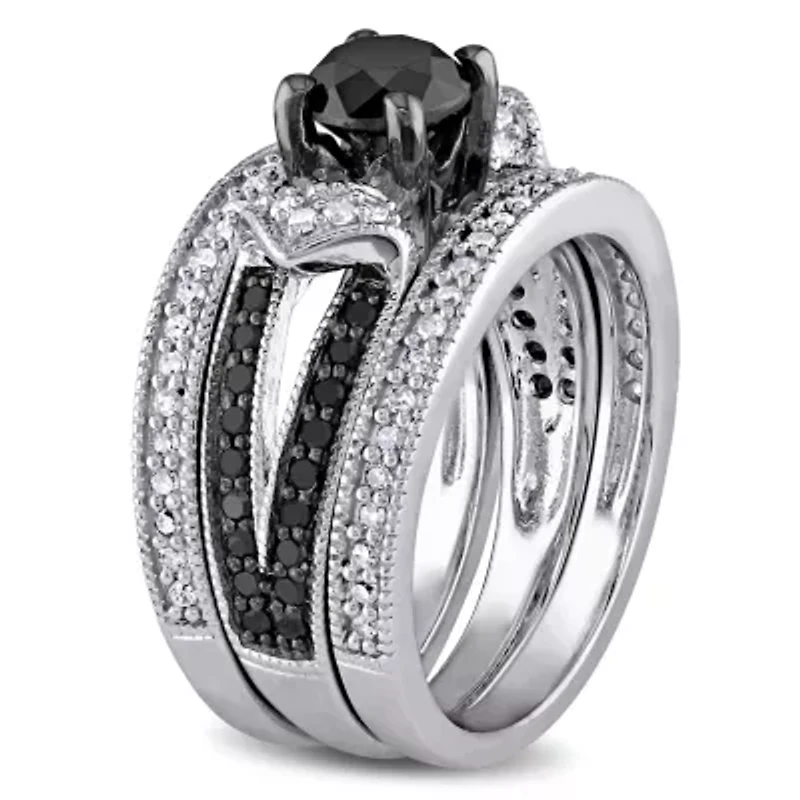 1.25 ct. t.w. Black and White Diamond Split Shank Bridal Ring Set Sterling Silver with Rhodium Plated