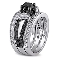 1.25 ct. t.w. Black and White Diamond Split Shank Bridal Ring Set Sterling Silver with Rhodium Plated