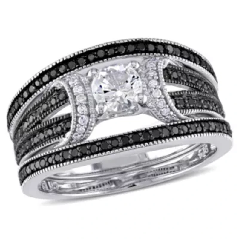 Lab Created 1/2 ct. t.w. Black and White Diamond with Sapphire Bridal Ring Set Sterling Silver Rhodium Plated