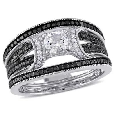 Lab Created 1/2 ct. t.w. Black and White Diamond with Sapphire Bridal Ring Set Sterling Silver Rhodium Plated
