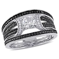 Lab Created 1/2 ct. t.w. Black and White Diamond with Sapphire Bridal Ring Set Sterling Silver Rhodium Plated