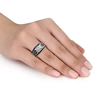 Lab Created 1/2 ct. t.w. Black and White Diamond with Sapphire Bridal Ring Set Sterling Silver Rhodium Plated