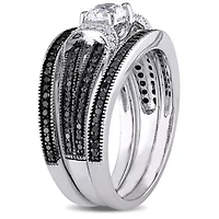 Lab Created 1/2 ct. t.w. Black and White Diamond with Sapphire Bridal Ring Set Sterling Silver Rhodium Plated