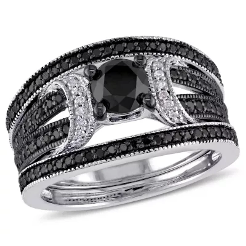 1.27 ct. t.w. Black Diamond Split Shank Bridal Ring Set Sterling Silver with Rhodium Plated