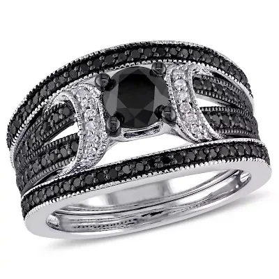 1.27 ct. t.w. Black Diamond Split Shank Bridal Ring Set Sterling Silver with Rhodium Plated