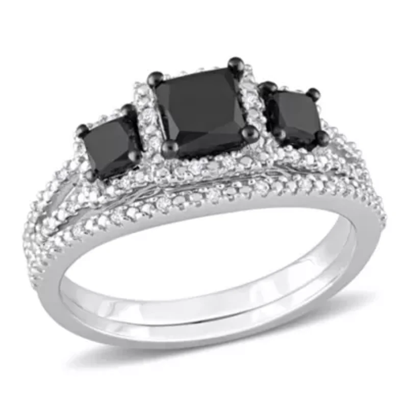 1.60 ct. t.w. Black and White Diamond Halo Bridal Ring Set 10K Gold