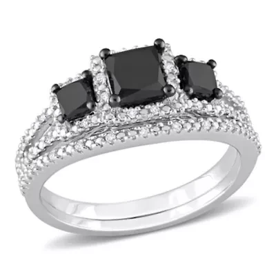 1.60 ct. t.w. Black and White Diamond Halo Bridal Ring Set 10K Gold
