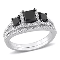 1.60 ct. t.w. Black and White Diamond Halo Bridal Ring Set 10K Gold