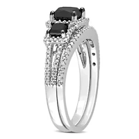 1.60 ct. t.w. Black and White Diamond Halo Bridal Ring Set 10K Gold