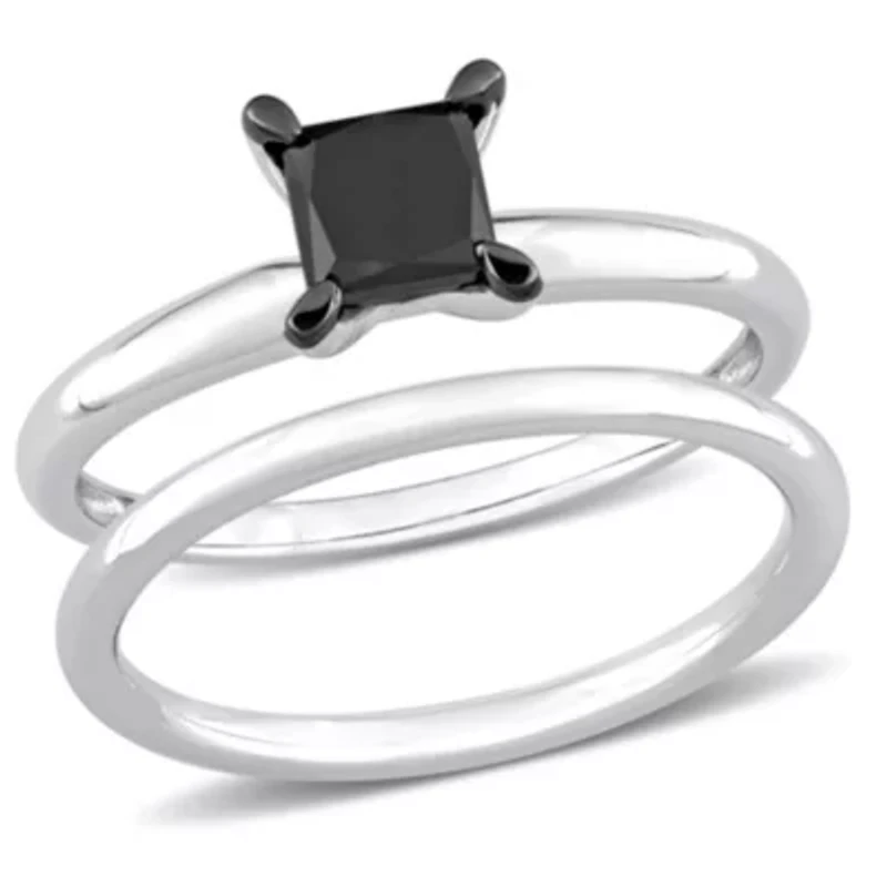 1 ct. t.w. Black Diamond Engagement Ring Set 14K White Gold with Rhodium Plated