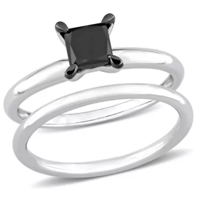 1 ct. t.w. Black Diamond Engagement Ring Set 14K White Gold with Rhodium Plated
