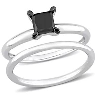 1 ct. t.w. Black Diamond Engagement Ring Set 14K White Gold with Rhodium Plated